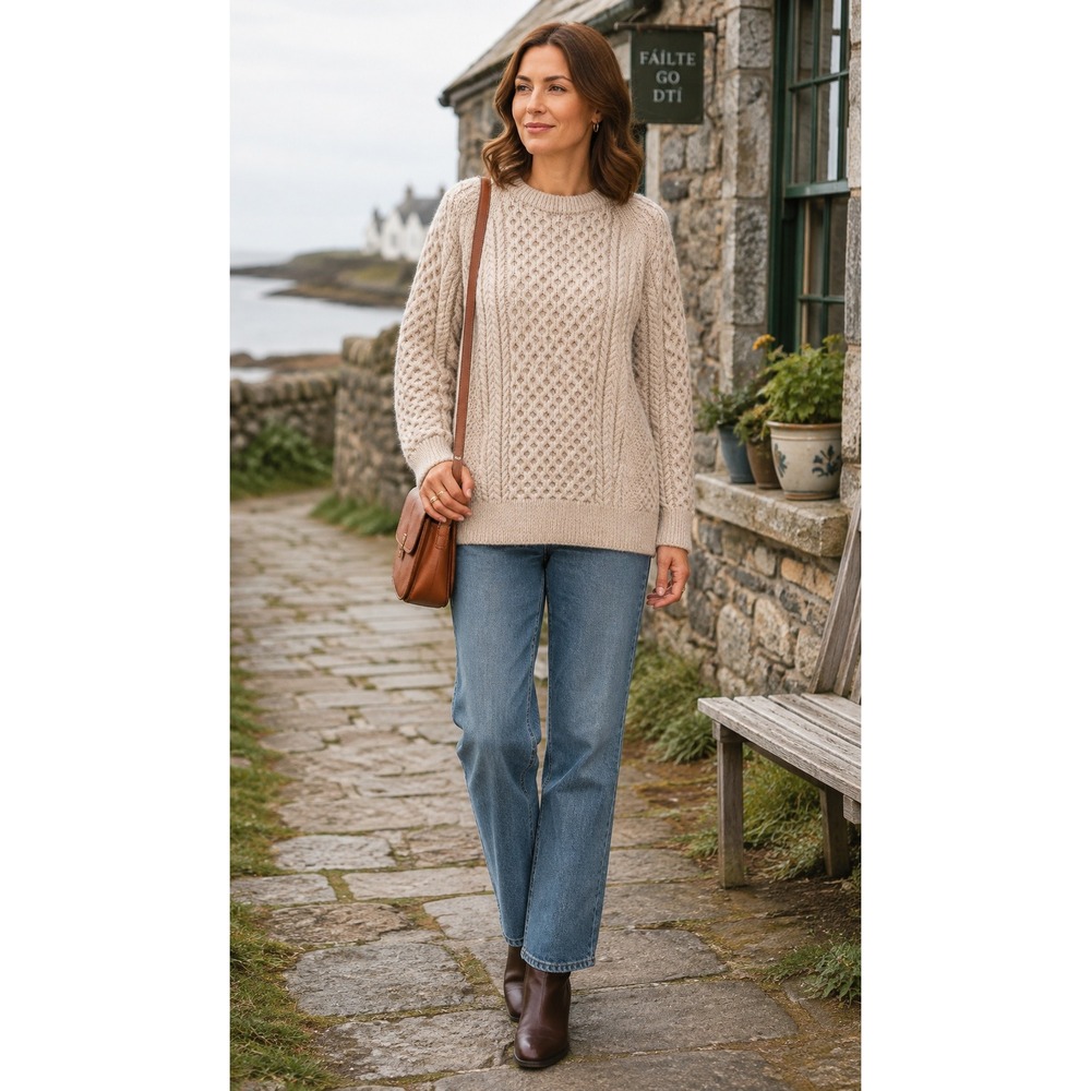 Shades of Aran Ireland Merino Wool Cable Knit Fisherman Sweater Beige M